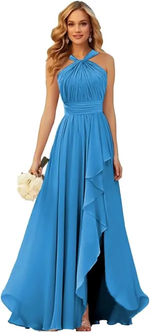 TORYEMY Chiffon Halter Bridesmaid Dresses Long with Slit Ruffle Formal Evening Dresses for Wedding