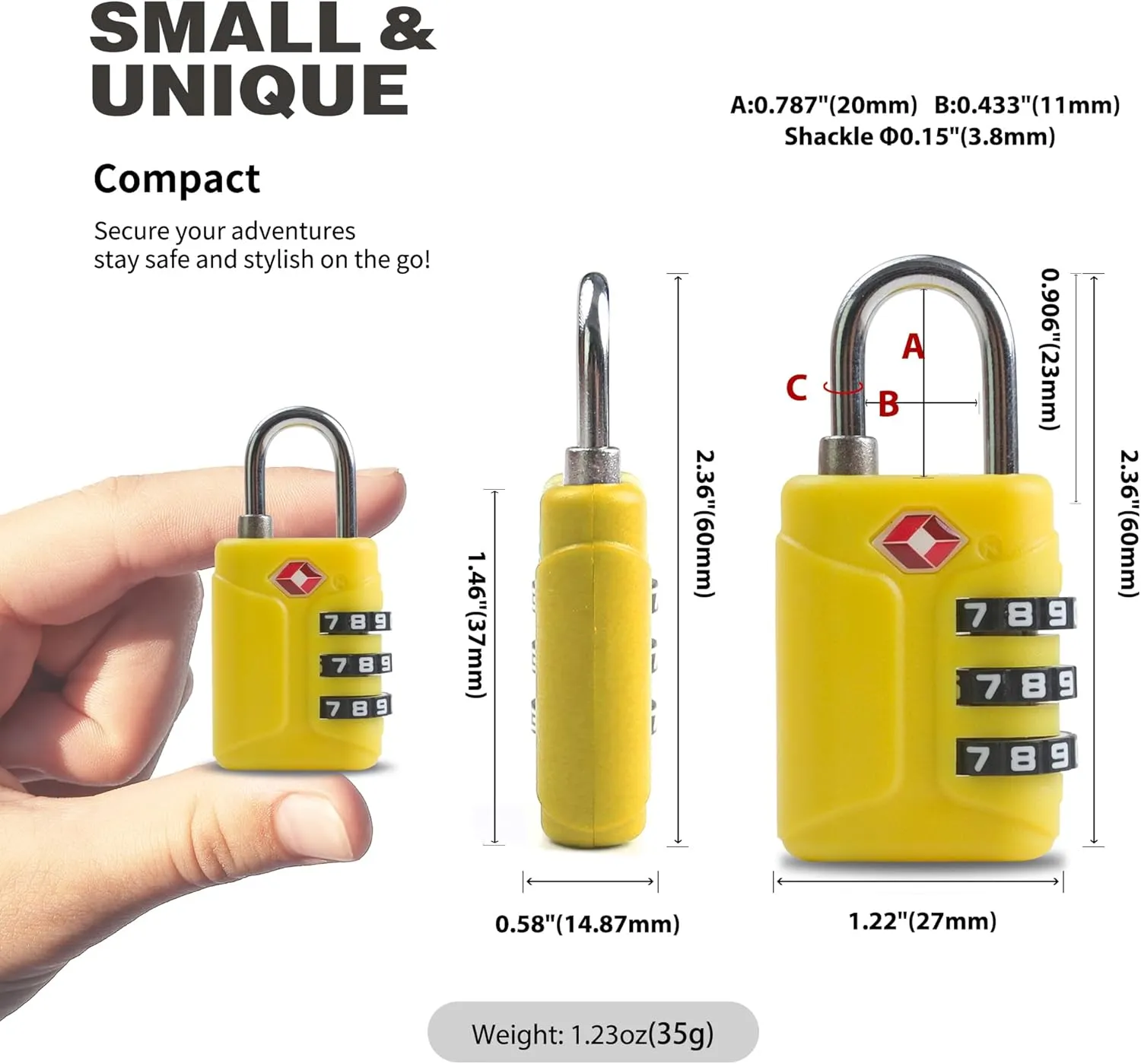 Travel Luggage Locks TSA Approved, 3 Digit Combination Padlock for Travel Accessories, Combo Lock with Code for Gym Locker, Suitcase, Cabinet, Gun Case, Toolbox, Backpack Zipper (Yellow)