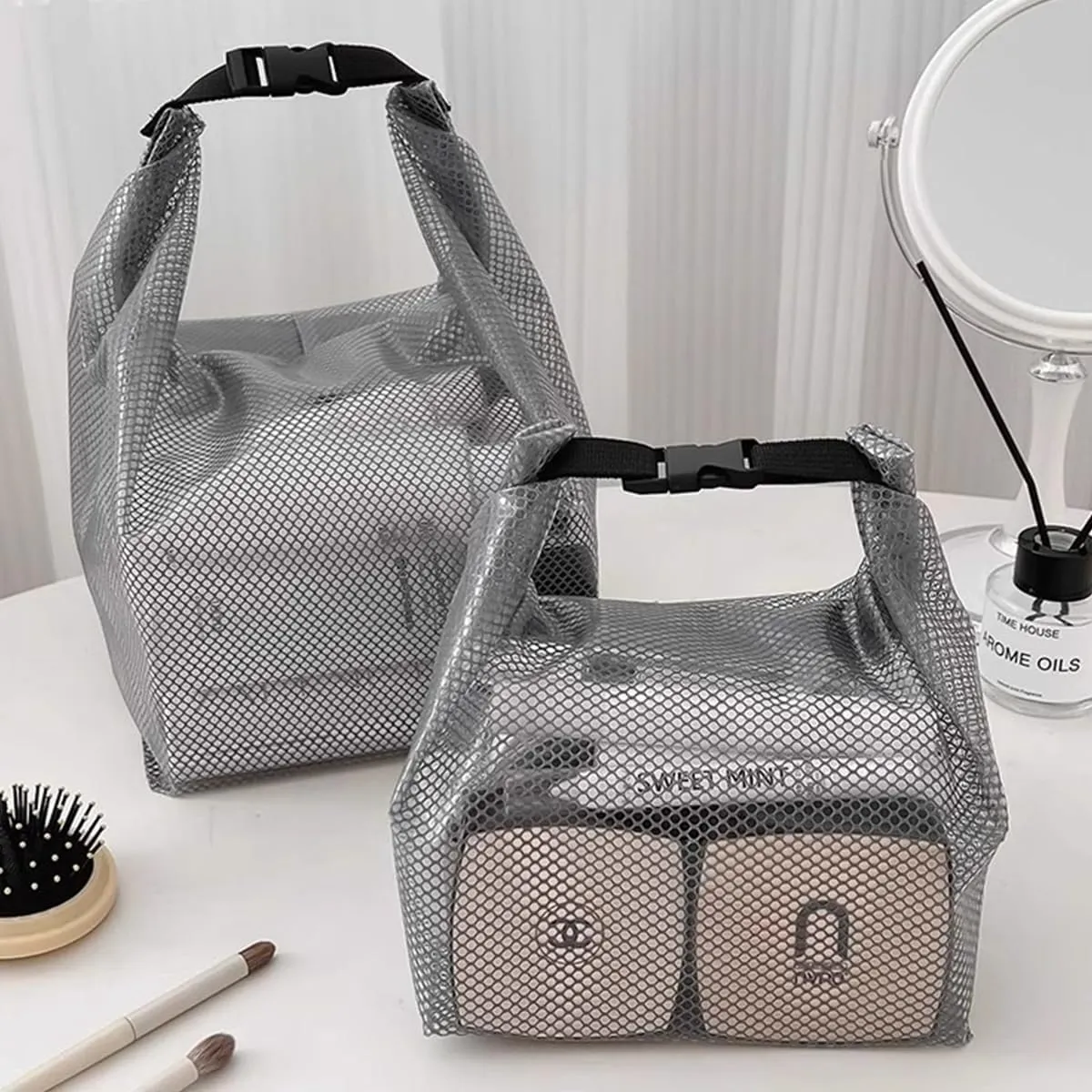 Travel Storage Bag - Waterproof Transparent Mesh Organizer with Drawstring Closure, Large Sizes for Toiletries & Cosmetics (Grey)