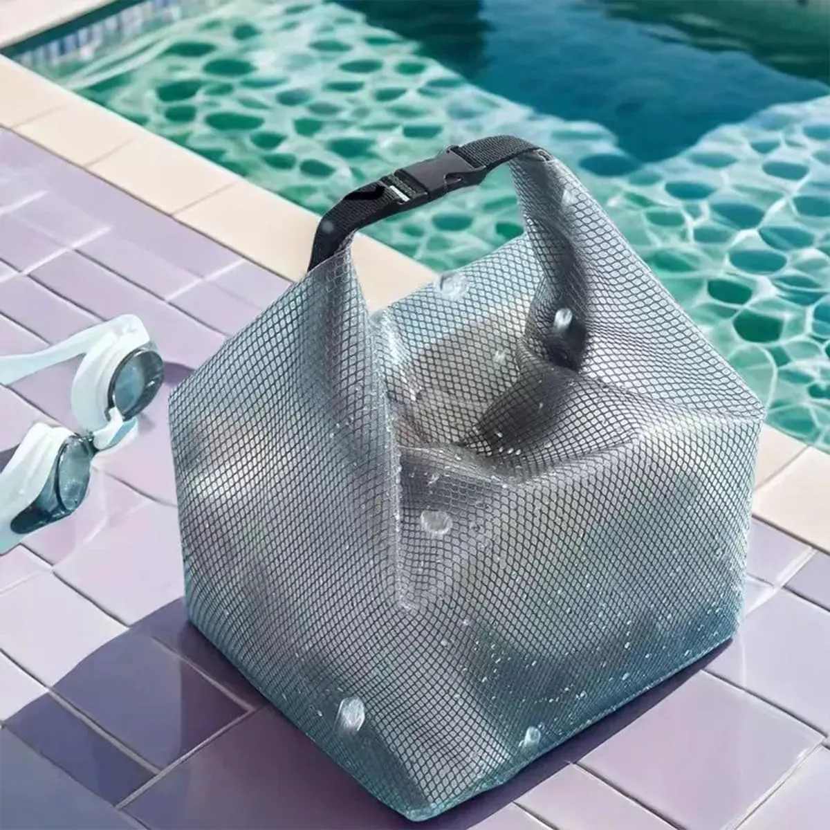 Travel Storage Bag - Waterproof Transparent Mesh Organizer with Drawstring Closure, Large Sizes for Toiletries & Cosmetics (Grey)