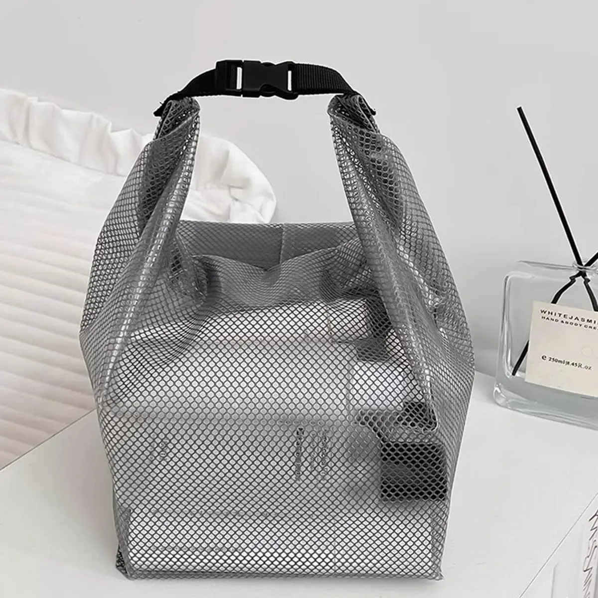 Travel Storage Bag - Waterproof Transparent Mesh Organizer with Drawstring Closure, Large Sizes for Toiletries & Cosmetics (Grey)