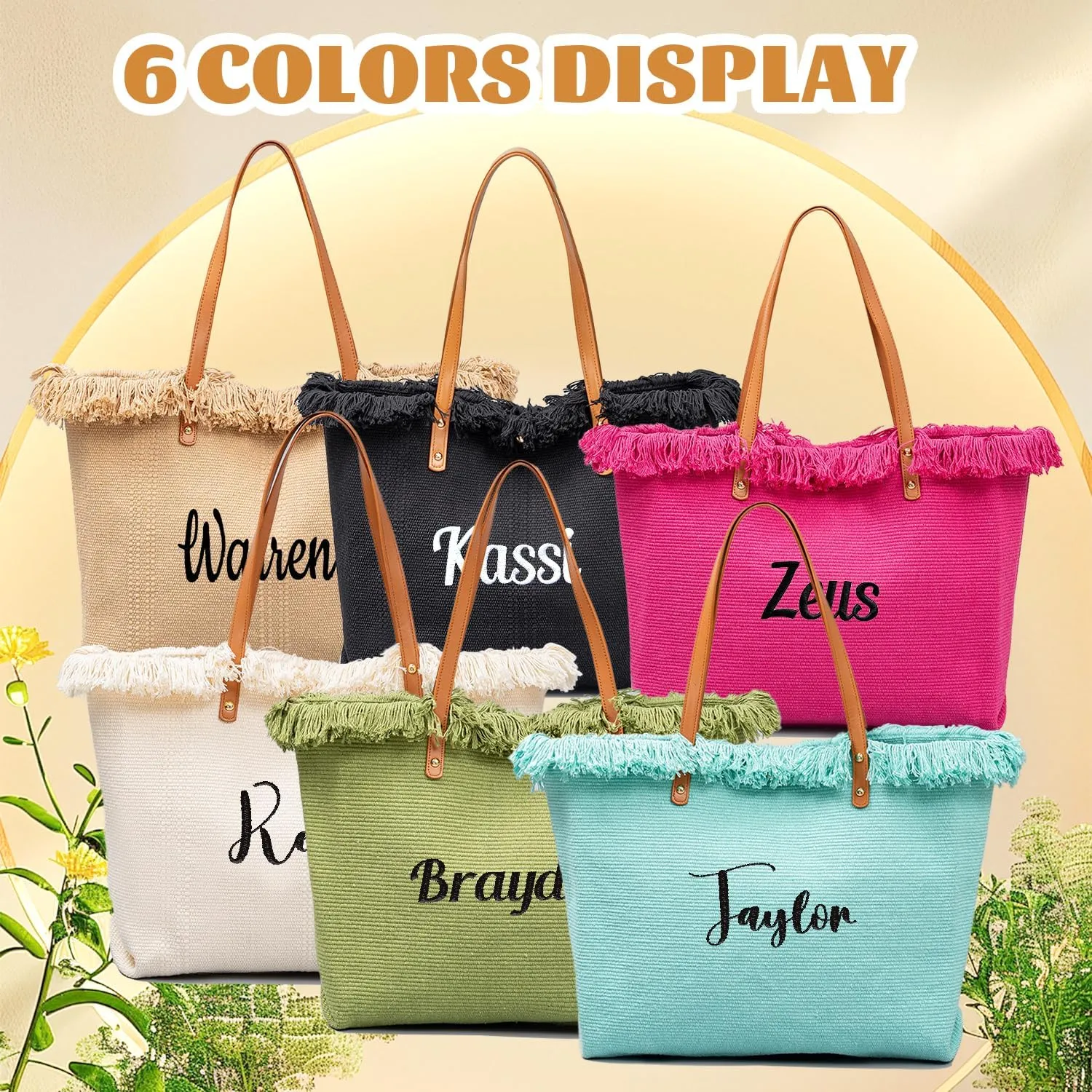 Ulico Personalized Canvas Beach Tote Bag, Custom Large Shoulder Bag Embroidered Name
