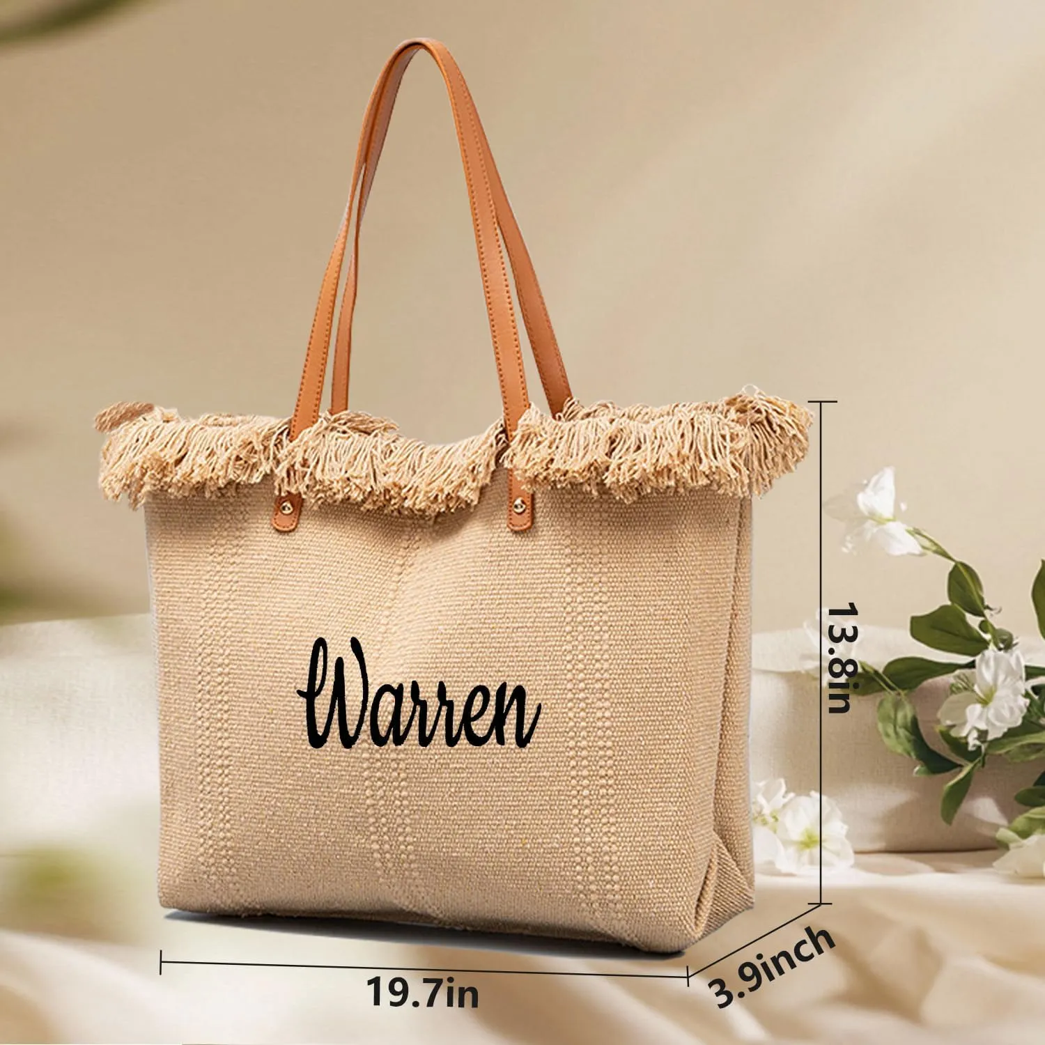 Ulico Personalized Canvas Beach Tote Bag, Custom Large Shoulder Bag Embroidered Name