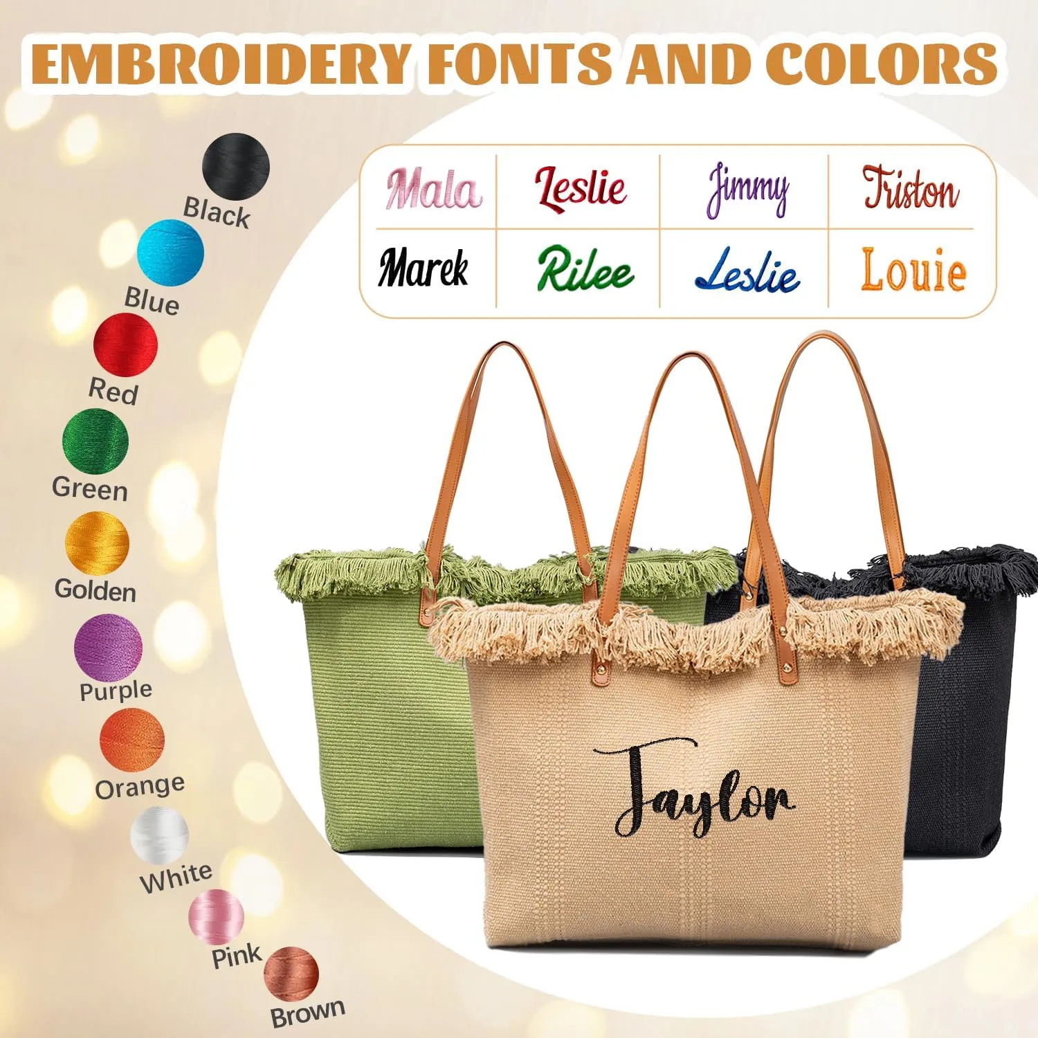 Ulico Personalized Canvas Beach Tote Bag, Custom Large Shoulder Bag Embroidered Name