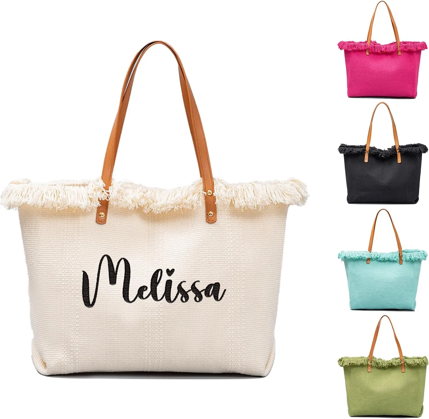 Ulico Personalized Canvas Beach Tote Bag, Custom Large Shoulder Bag Embroidered Name