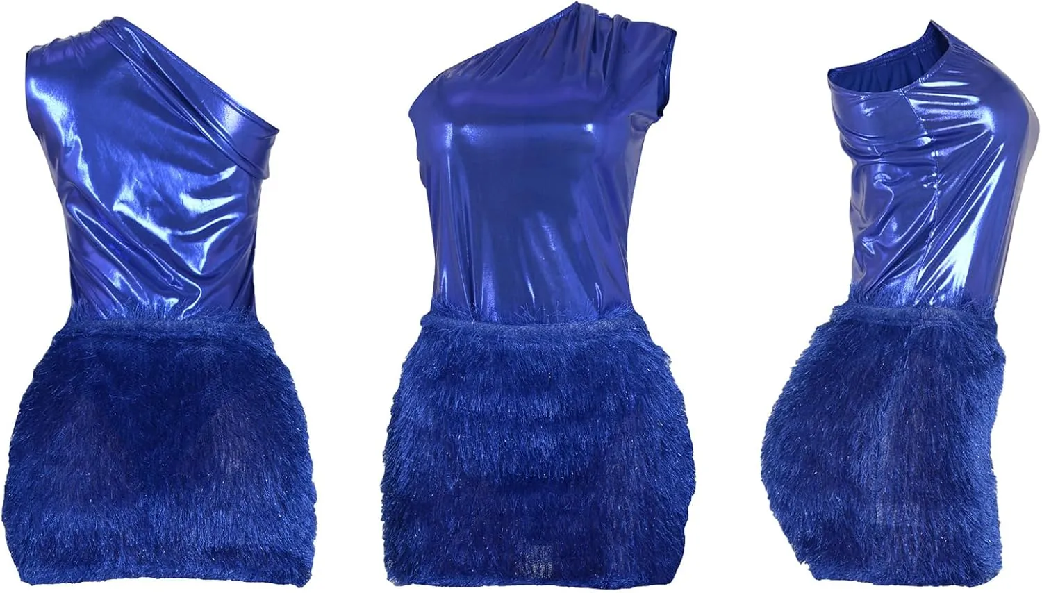 Uni Clau Women Sexy One Shoulder Pu Leather Bodycon Mini Dress Sequin Sleeveless Skinny Slim Fit Party Club Short Dress