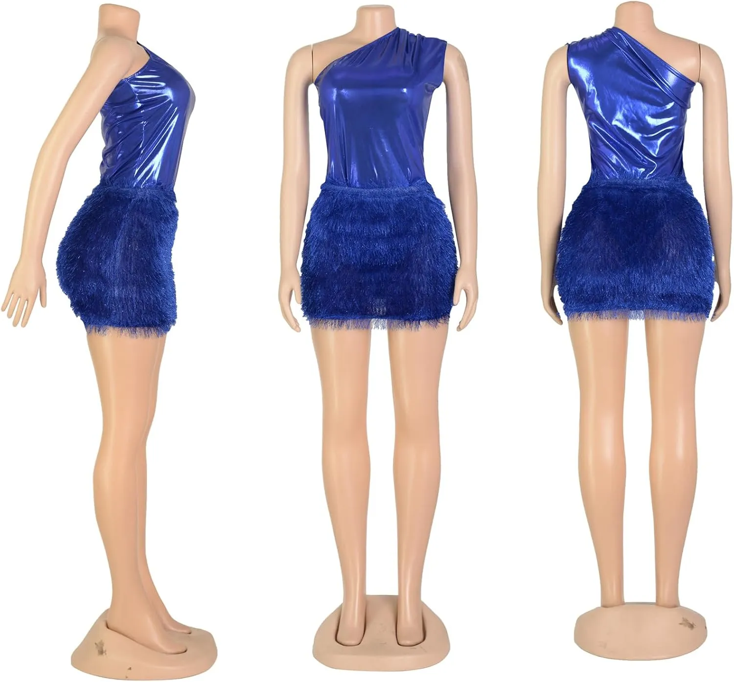 Uni Clau Women Sexy One Shoulder Pu Leather Bodycon Mini Dress Sequin Sleeveless Skinny Slim Fit Party Club Short Dress