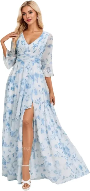 V Neck Mother of The Bride Dresses for Wedding Chiffon 3/4 Sleeve Bridesmaid Dress Long Formal Dress for Women with Slit