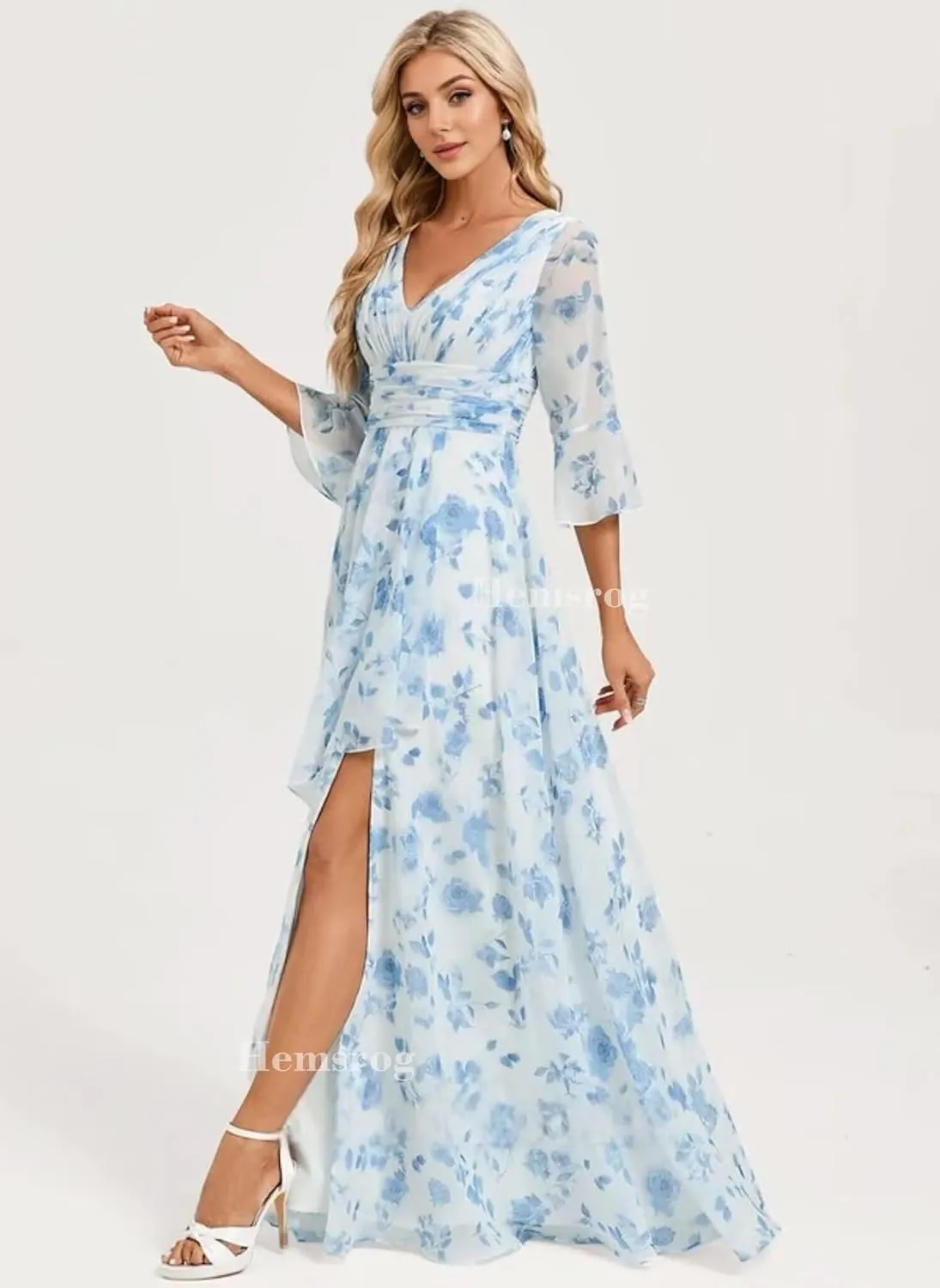 V Neck Mother of The Bride Dresses for Wedding Chiffon 3/4 Sleeve Bridesmaid Dress Long Formal Dress for Women with Slit