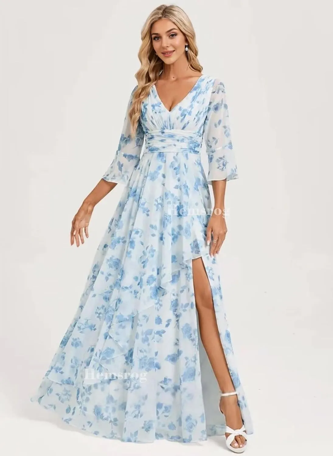 V Neck Mother of The Bride Dresses for Wedding Chiffon 3/4 Sleeve Bridesmaid Dress Long Formal Dress for Women with Slit