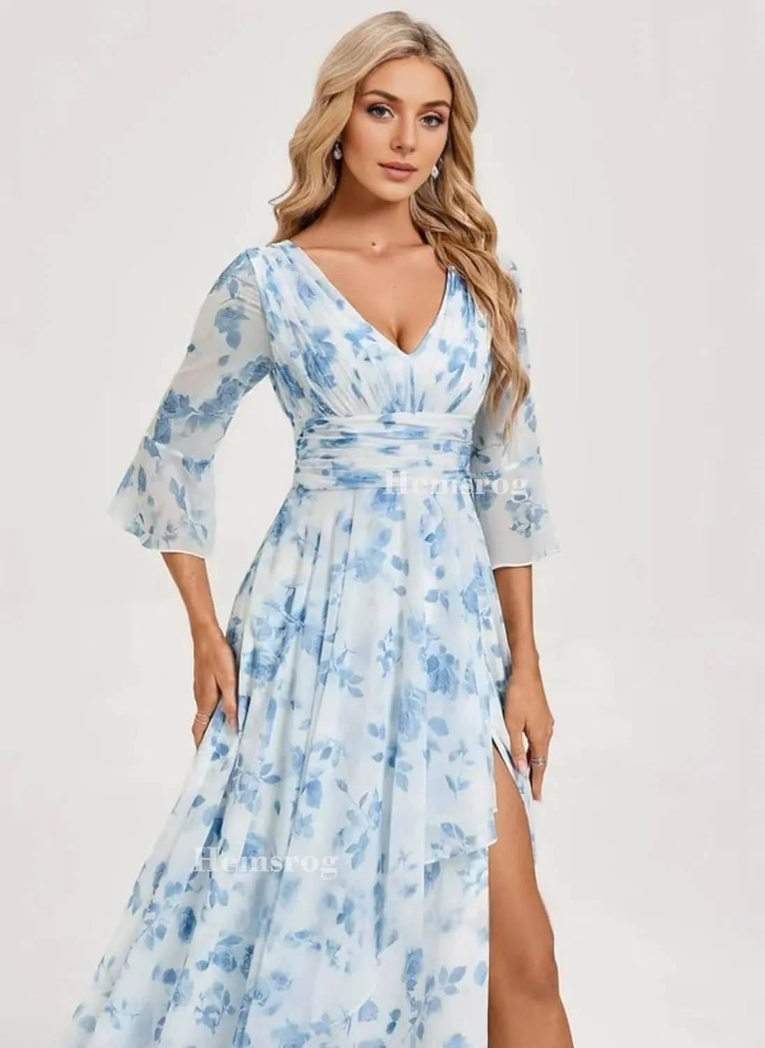 V Neck Mother of The Bride Dresses for Wedding Chiffon 3/4 Sleeve Bridesmaid Dress Long Formal Dress for Women with Slit