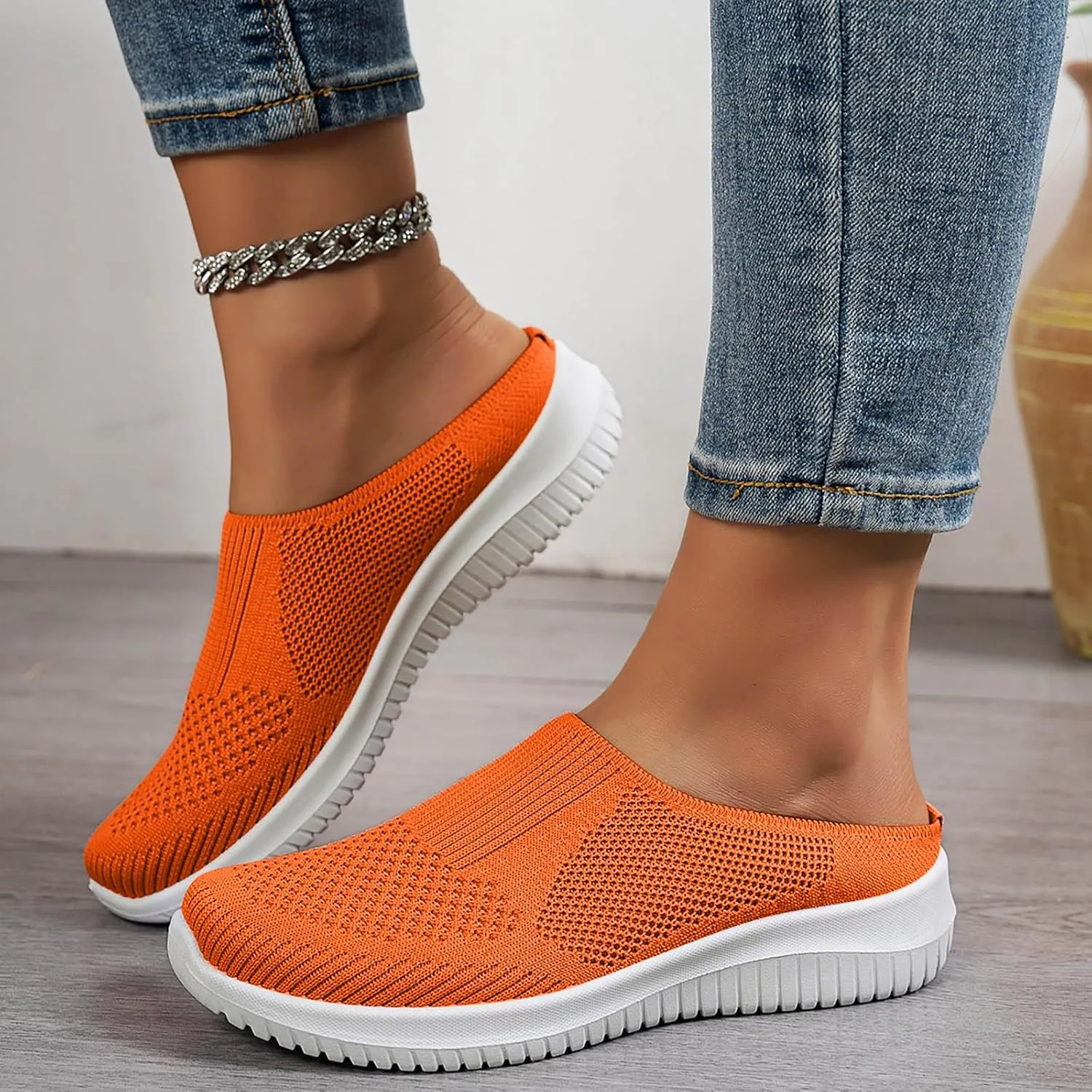 Walking Shoes Women 2025,Women's Mesh Breathable Flat Mule Sneakers Closed Round Toe Knit Backless Slip On Soft Sole Lightweight Walk Shoe for Vacation Work