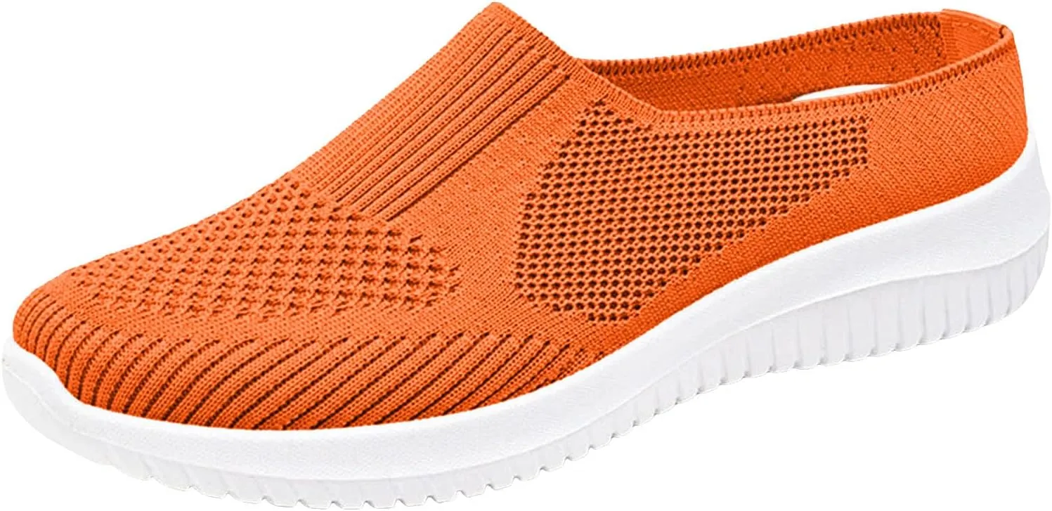 Walking Shoes Women 2025,Women's Mesh Breathable Flat Mule Sneakers Closed Round Toe Knit Backless Slip On Soft Sole Lightweight Walk Shoe for Vacation Work