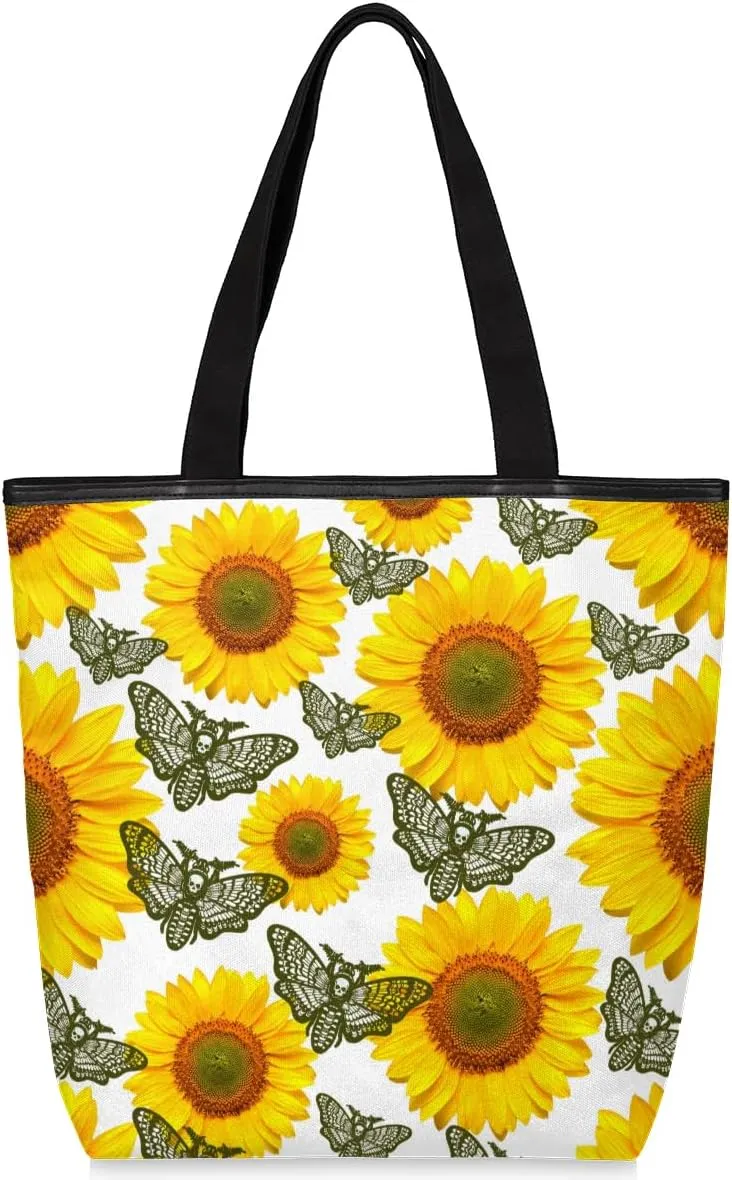 Watercolor Sunflowers Butterflies Canvas Tote Bag with Zipper and Pockets Canvas Tote Shopping Bag Women Reusable Grocery Bag for Beach Travel Gym Shopping