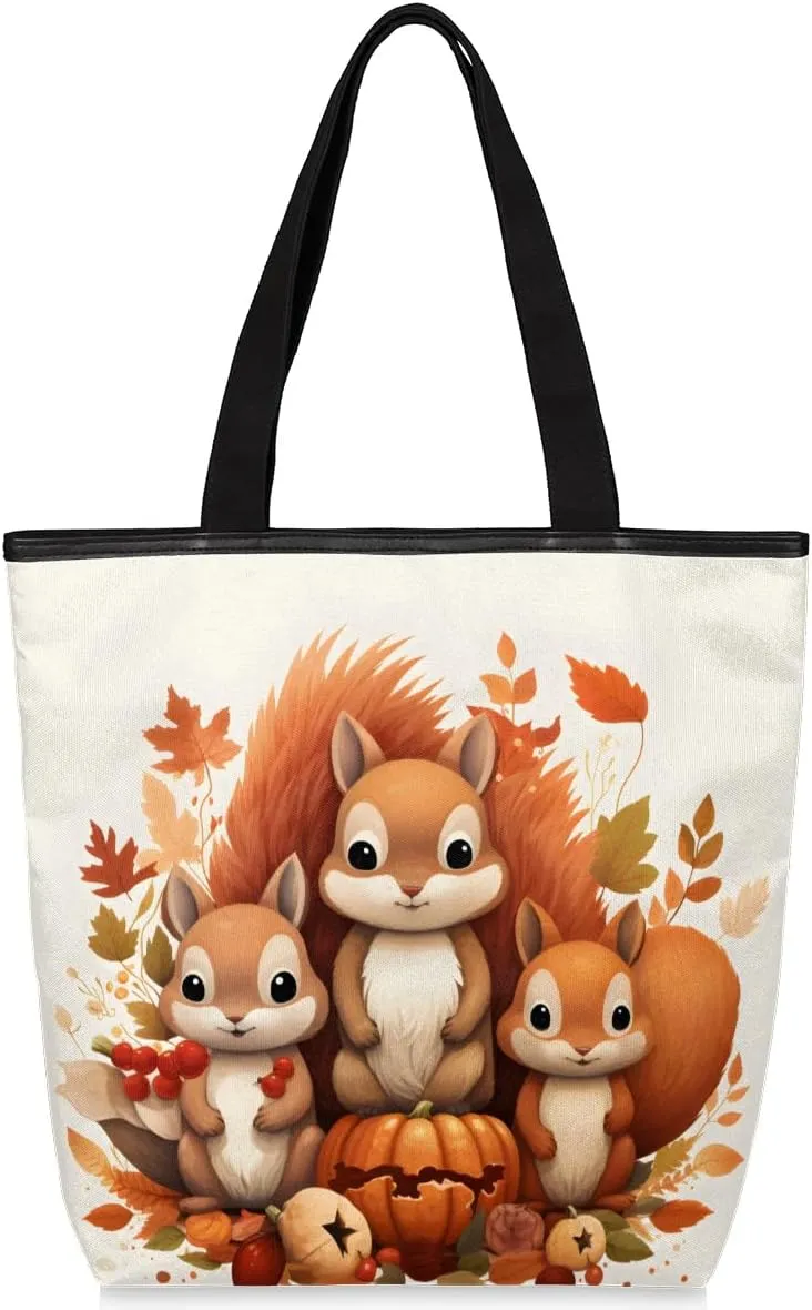 Watercolour Squirrel Pumpkin Berry Maple Leaf Canvas Tote Bag with Zipper and Pockets Canvas Tote Shopping Bag Women Reusable Grocery Bag for Beach Travel Gym Shopping