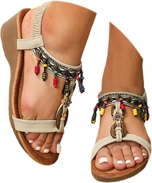 Wedge Sandals for Women Dressy Summer Boho Platform Wedges Open Toe Bohemian Beach Sandals Comfortable Elastic Ankle Strap Rhinestones Sandal Dress Shoes