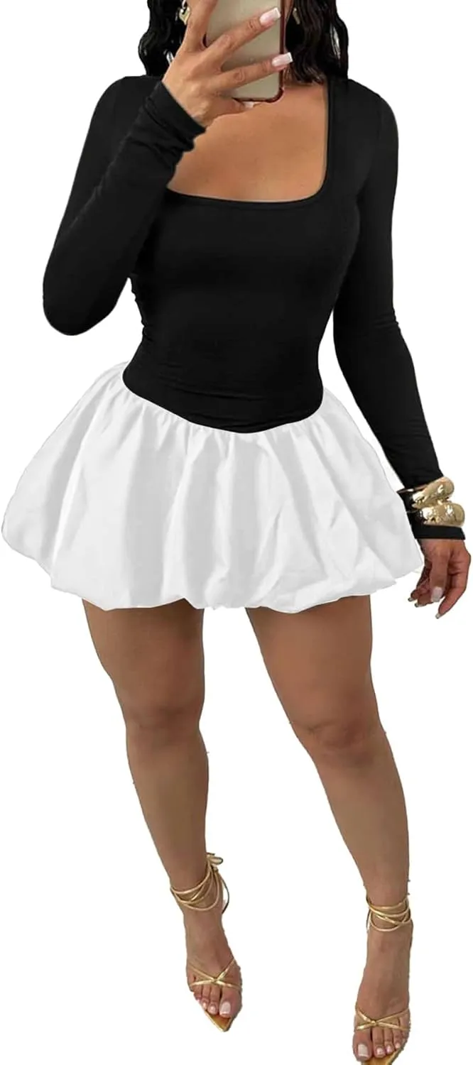 Women Elegant Square Neck Y2k Bubble Mini Dress Long Sleeve Bodycon Ruffle A Line Flare Party Club Cocktail Short Dress