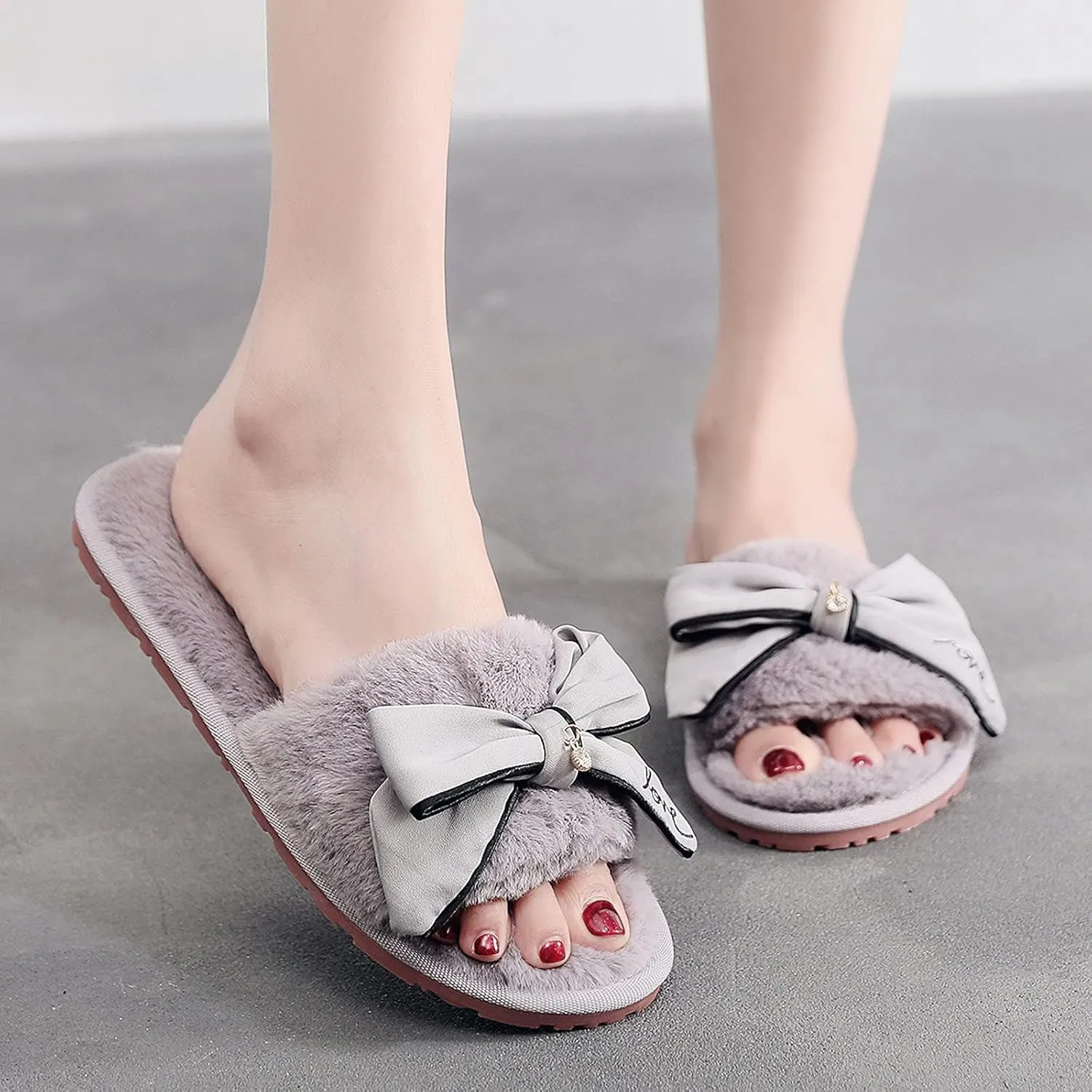 Women Furry Home Open Bow Toe Slippers Keep Flat Shoes Slip On Warm Plush Home Slippers for Women