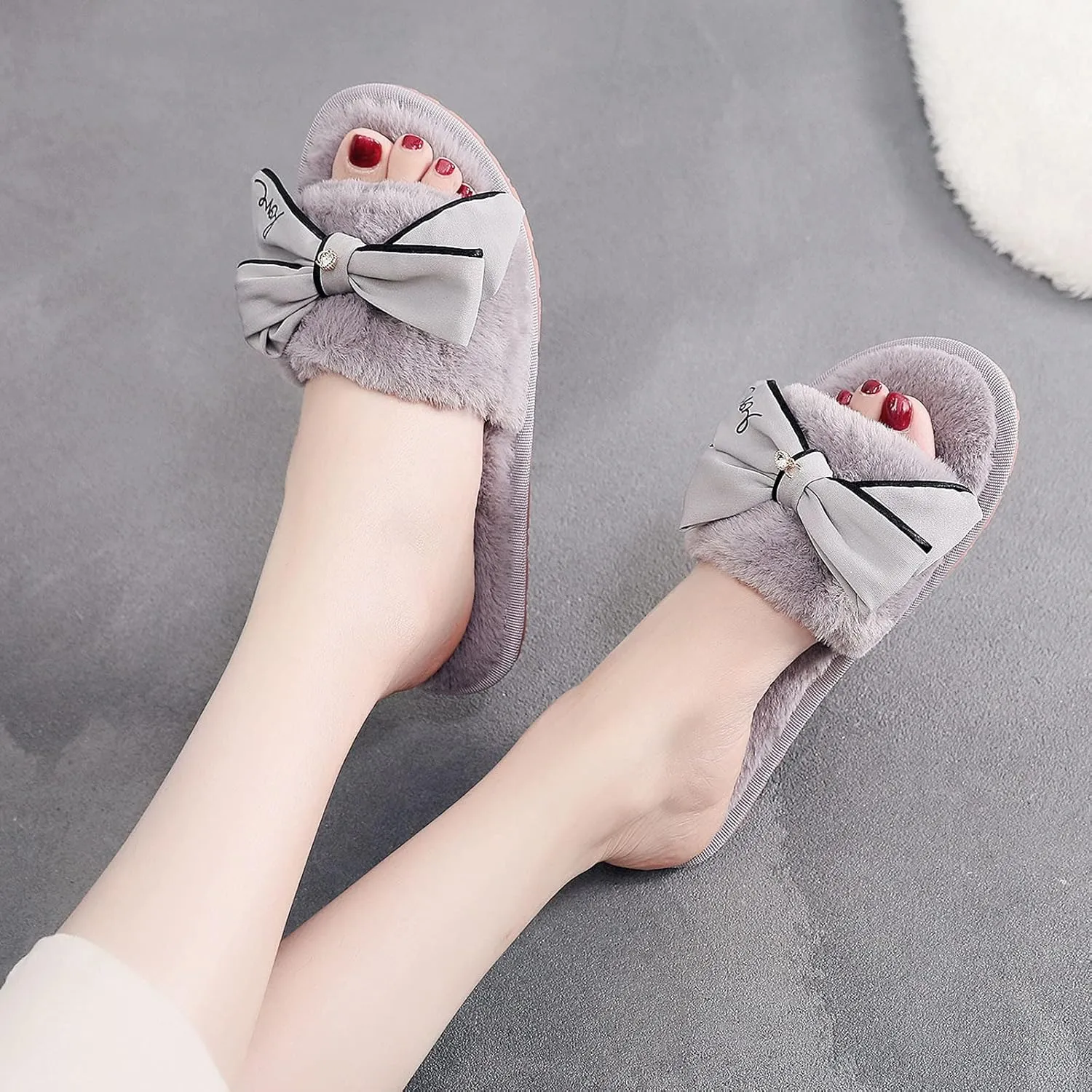 Women Furry Home Open Bow Toe Slippers Keep Flat Shoes Slip On Warm Plush Home Slippers for Women