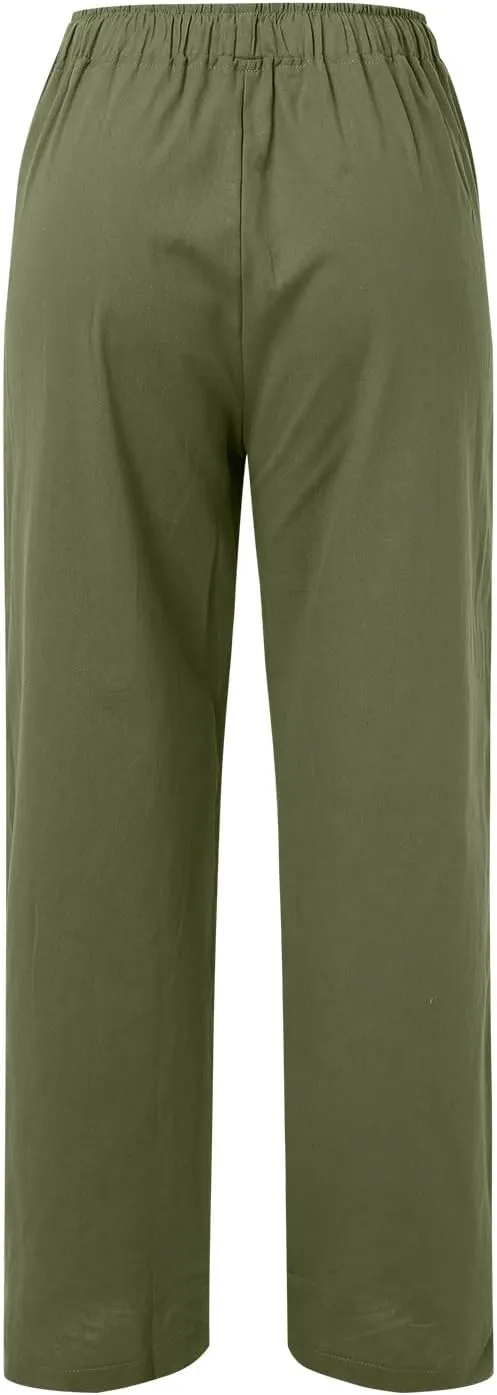 Women High Waist Wide Leg Pants 2024 Fashion Drawstring Elastic Beach Trousers Summer Comfy Straight Leg Long Pants Pockets
