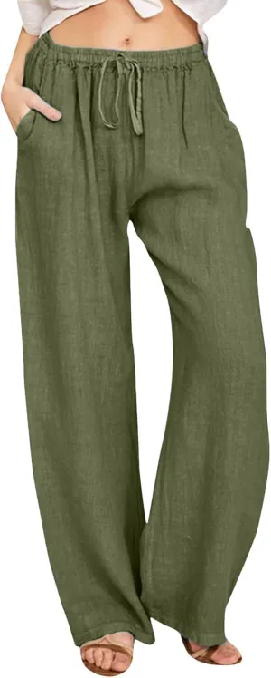 Women High Waist Wide Leg Pants 2024 Fashion Drawstring Elastic Beach Trousers Summer Comfy Straight Leg Long Pants Pockets