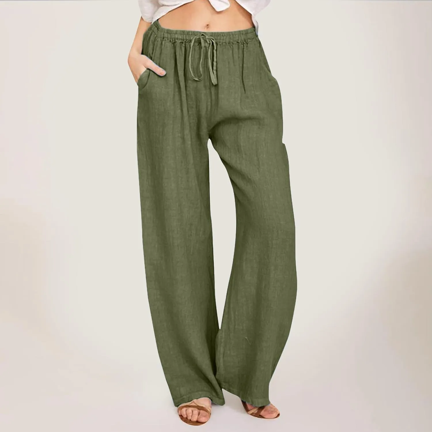 Women High Waist Wide Leg Pants 2024 Fashion Drawstring Elastic Beach Trousers Summer Comfy Straight Leg Long Pants Pockets