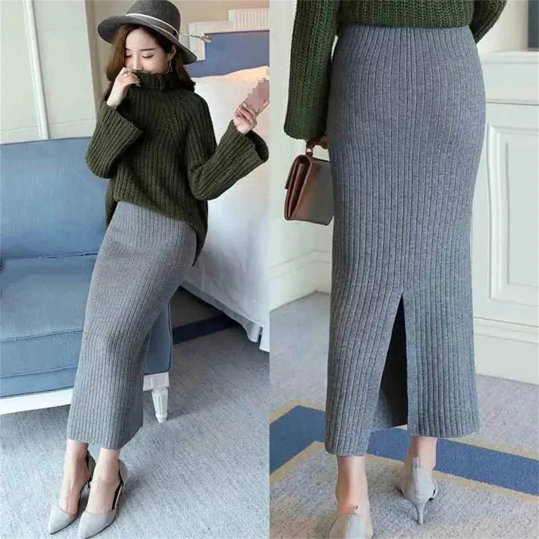 Women Midi Knitted Woolen Skirt Black Elastic Slim Office Lady Pencil Skirts
