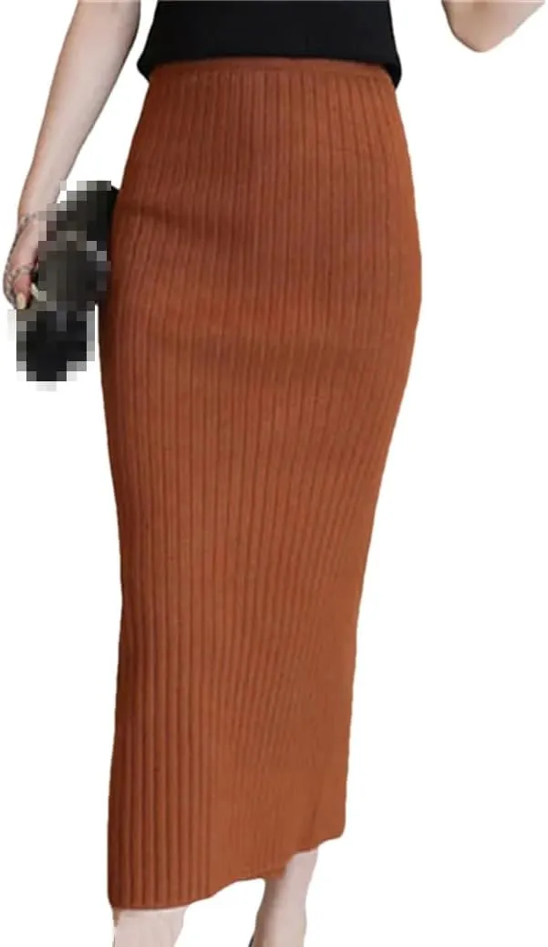 Women Midi Knitted Woolen Skirt Black Elastic Slim Office Lady Pencil Skirts