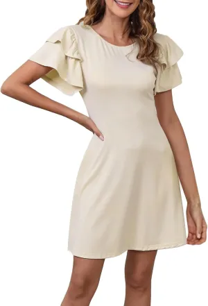 Women Ruffle Sleeve Elegant Wedding Mini Dress 2024 Summer A-Line Beach Dresses High Waisted Slim Sundress with Pocket