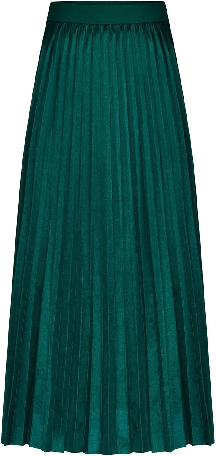 Women Satin Midi Skirts Solid Color High Elastic Waist Elegant Skirt Plus Size Pleated Rufffle Maxi A Line Long Skirt