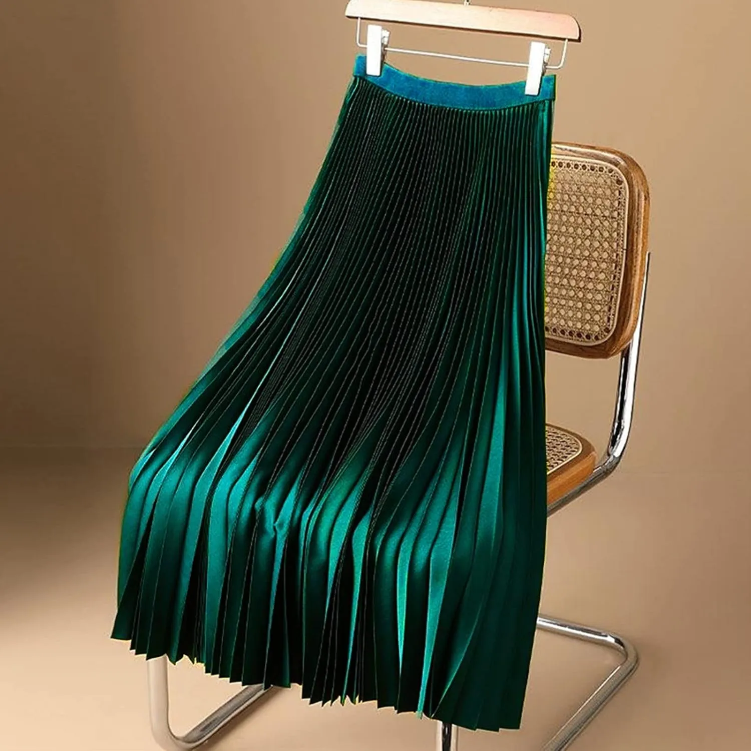 Women Satin Midi Skirts Solid Color High Elastic Waist Elegant Skirt Plus Size Pleated Rufffle Maxi A Line Long Skirt