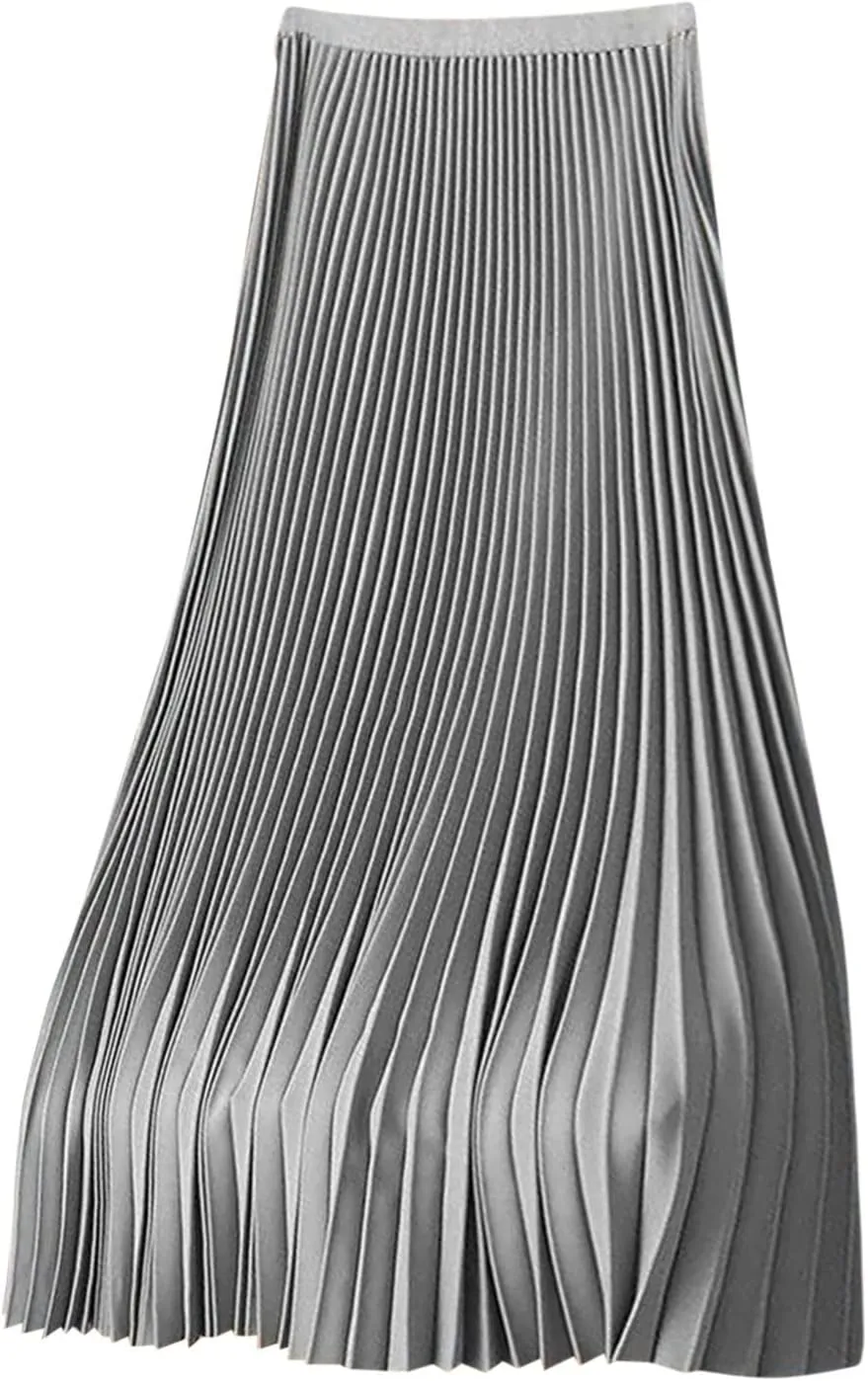 Women Satin Midi Skirts Solid Color High Elastic Waist Elegant Skirt Plus Size Pleated Rufffle Maxi A Line Long Skirt