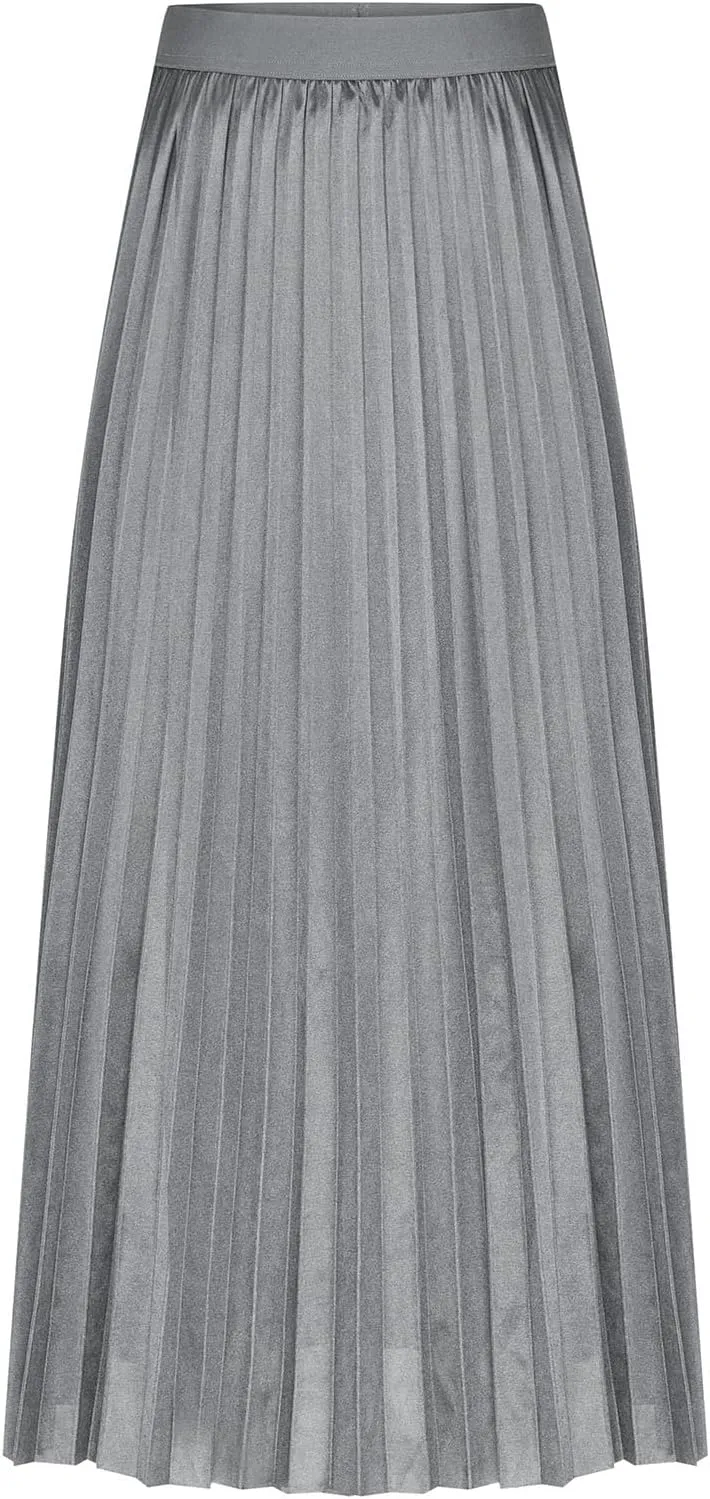 Women Satin Midi Skirts Solid Color High Elastic Waist Elegant Skirt Plus Size Pleated Rufffle Maxi A Line Long Skirt
