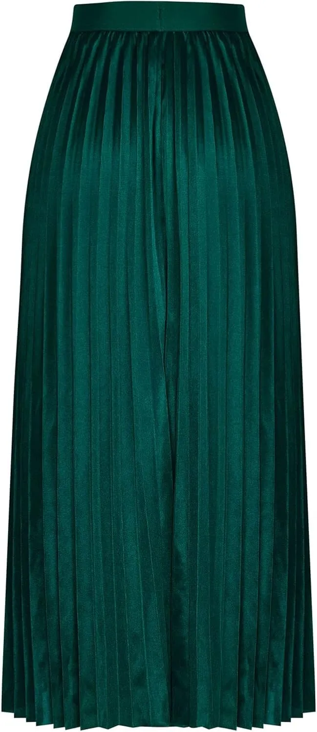 Women Satin Midi Skirts Solid Color High Elastic Waist Elegant Skirt Plus Size Pleated Rufffle Maxi A Line Long Skirt