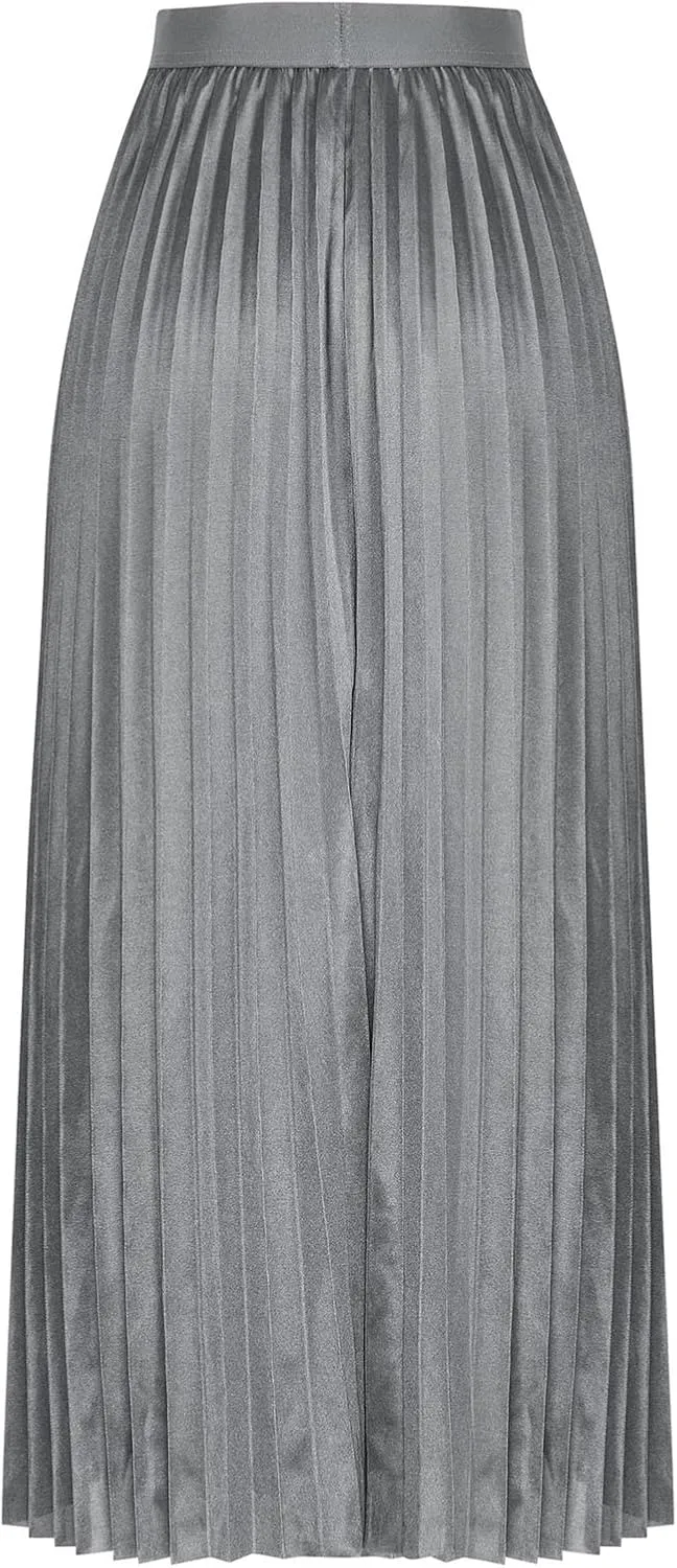 Women Satin Midi Skirts Solid Color High Elastic Waist Elegant Skirt Plus Size Pleated Rufffle Maxi A Line Long Skirt