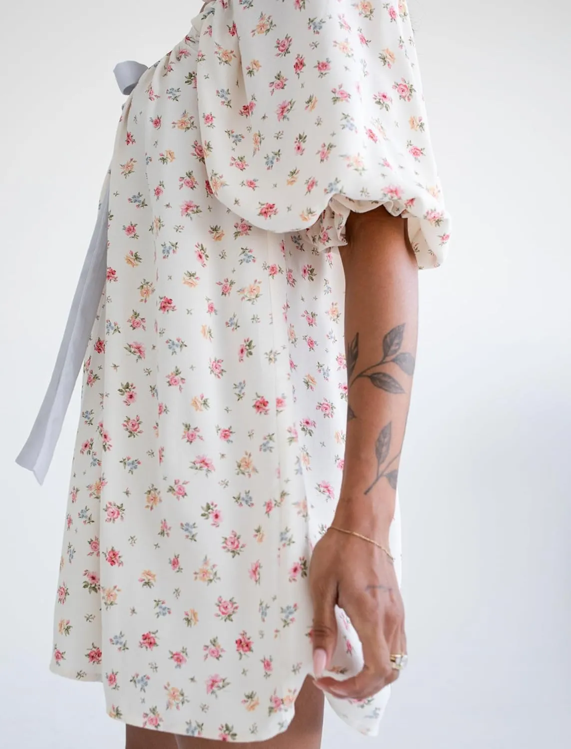 Women Square Neck Summer Mini Dress Puff Sleeve Bow Tie Babydoll Dress Loose Floral Flowy Sundress