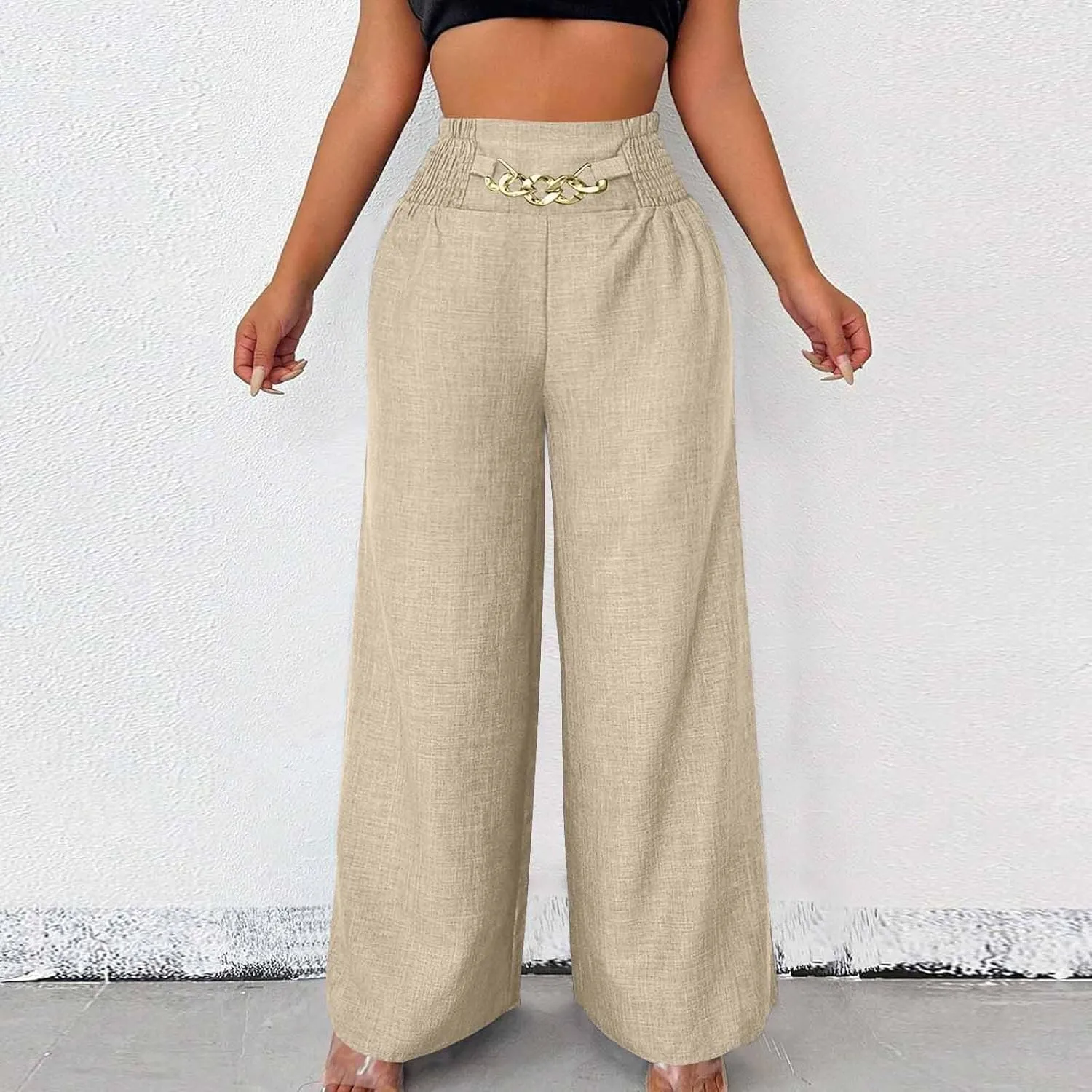 Women Summer Linen Wide Leg Pants Casual Baggy Vintage Smocked Chain High Waist Palazzo Trousers Boho Flowy Beach Pants