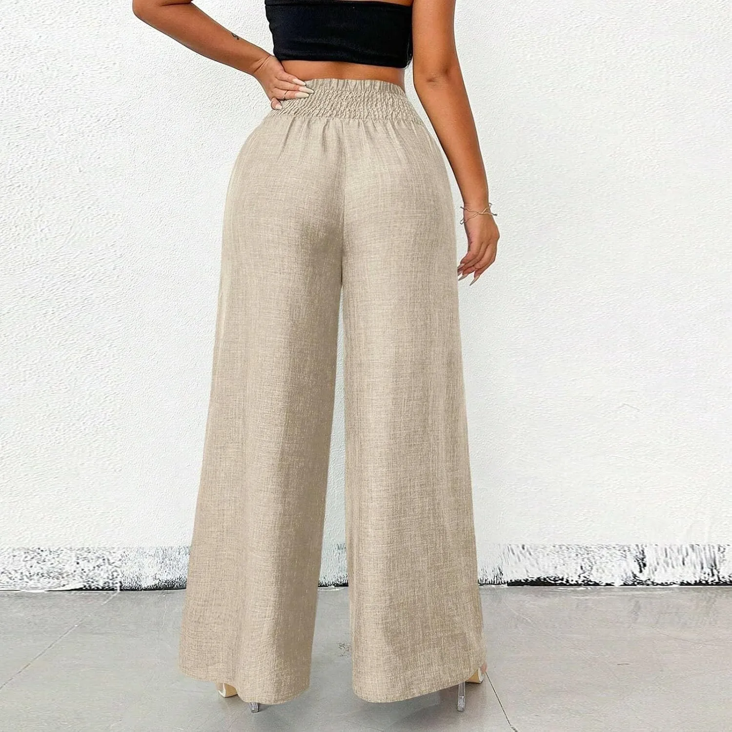 Women Summer Linen Wide Leg Pants Casual Baggy Vintage Smocked Chain High Waist Palazzo Trousers Boho Flowy Beach Pants