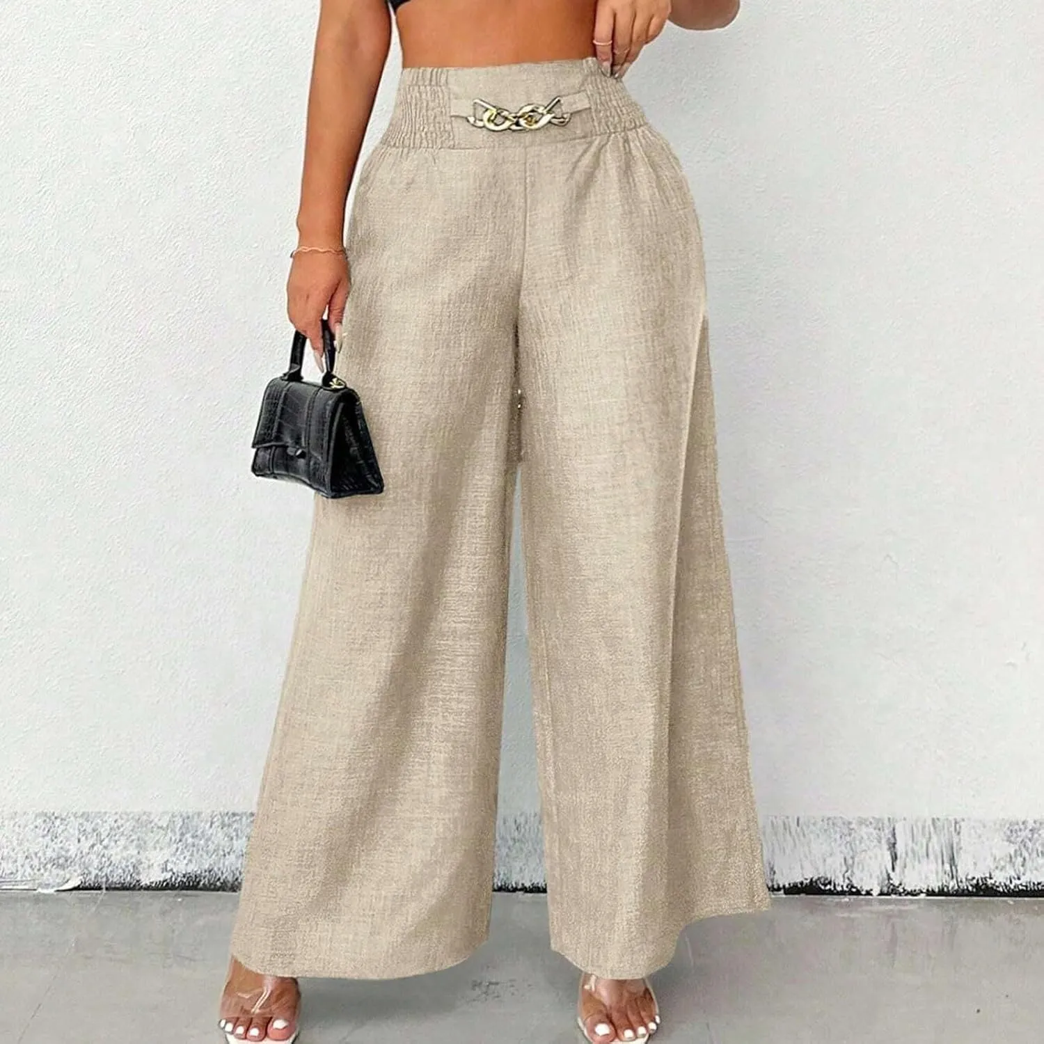 Women Summer Linen Wide Leg Pants Casual Baggy Vintage Smocked Chain High Waist Palazzo Trousers Boho Flowy Beach Pants