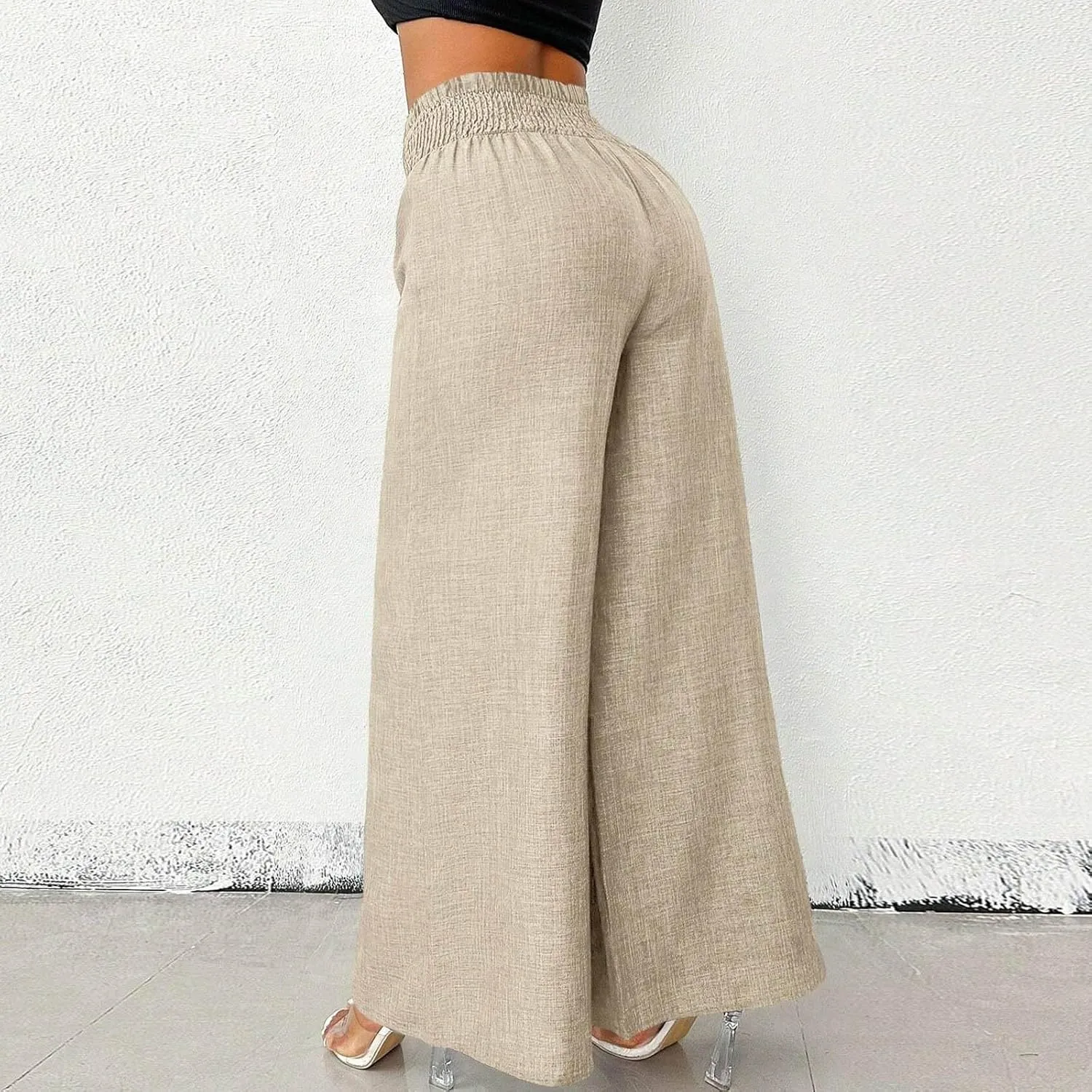Women Summer Linen Wide Leg Pants Casual Baggy Vintage Smocked Chain High Waist Palazzo Trousers Boho Flowy Beach Pants