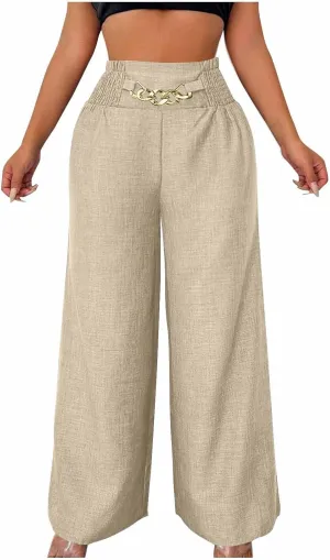 Women Summer Linen Wide Leg Pants Casual Baggy Vintage Smocked Chain High Waist Palazzo Trousers Boho Flowy Beach Pants