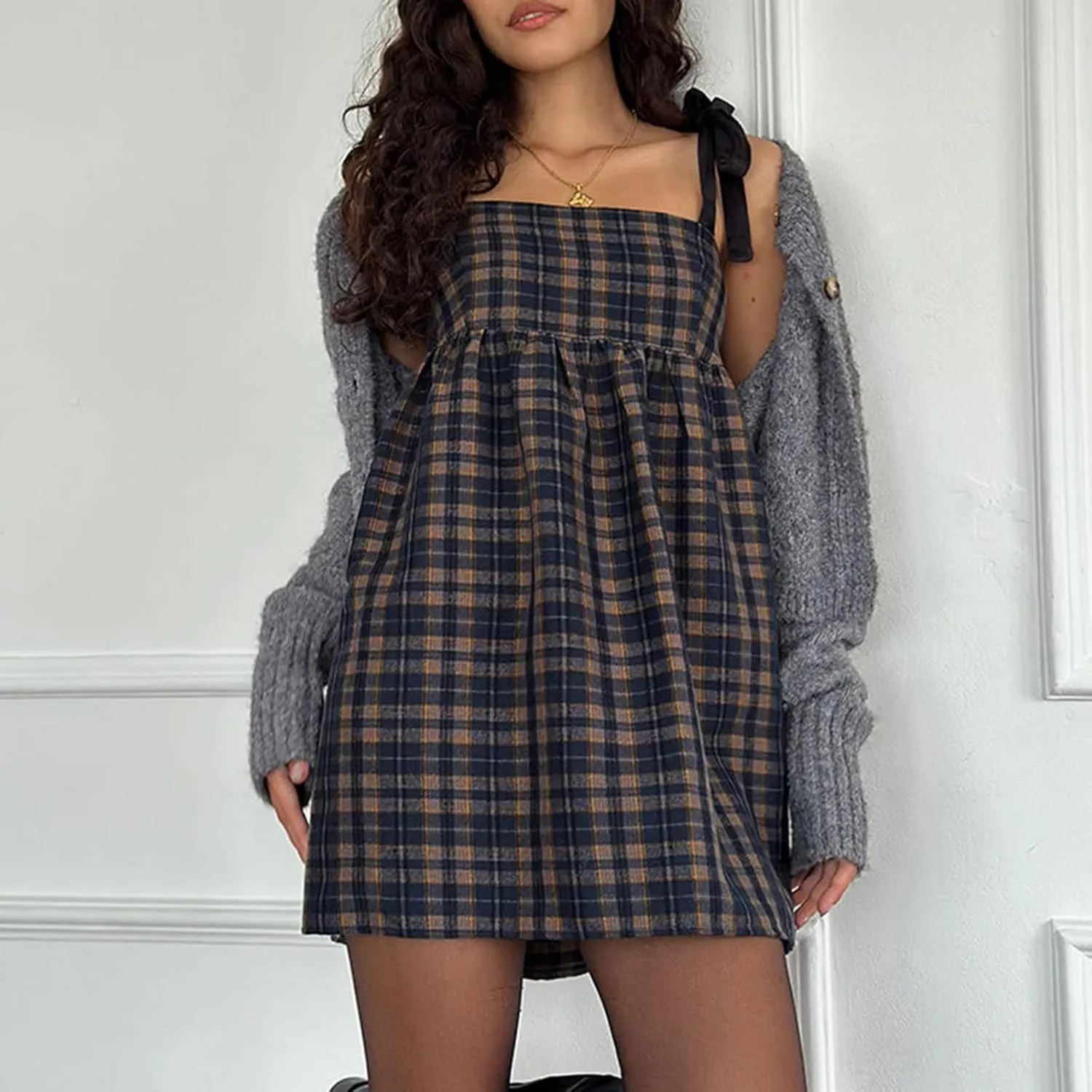 Women Y2k Babydoll Mini Dress Bow Tie Spaghetti Strap Flowy Homecoming Dress Cocktail Party Short Ruffle Dress