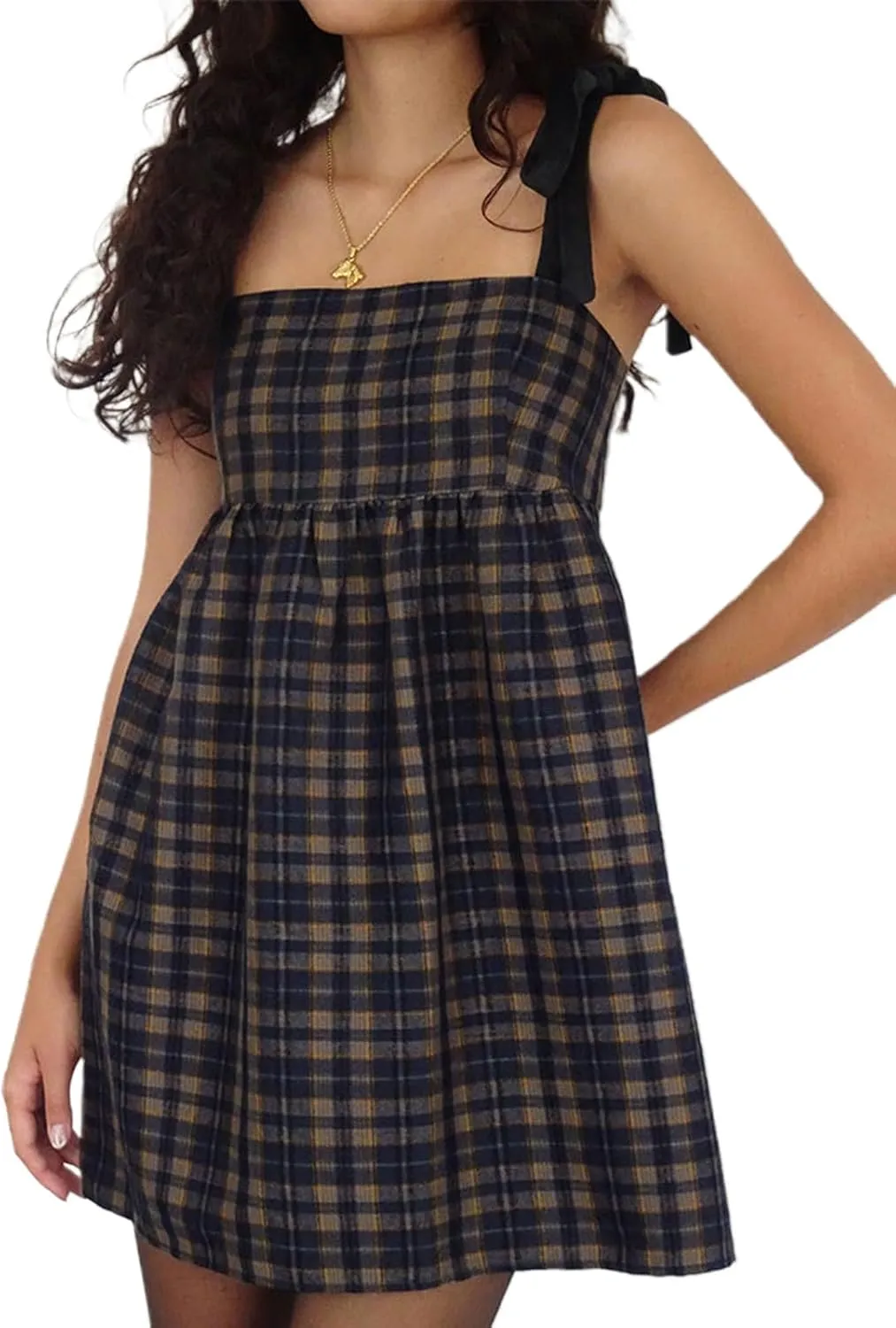 Women Y2k Babydoll Mini Dress Bow Tie Spaghetti Strap Flowy Homecoming Dress Cocktail Party Short Ruffle Dress