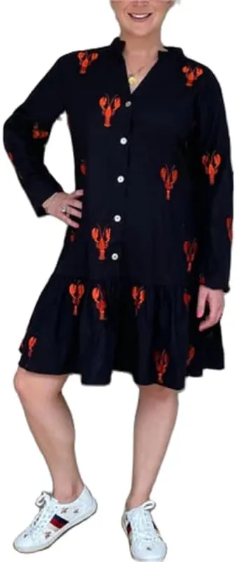 Women Y2k Boho Mini Dress Long Sleeve Lobster Print Button Down Short Dress Summer Embroidered Ruffle Sundress