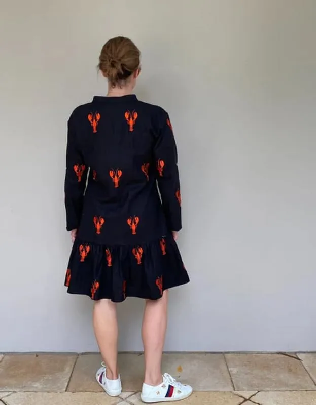 Women Y2k Boho Mini Dress Long Sleeve Lobster Print Button Down Short Dress Summer Embroidered Ruffle Sundress
