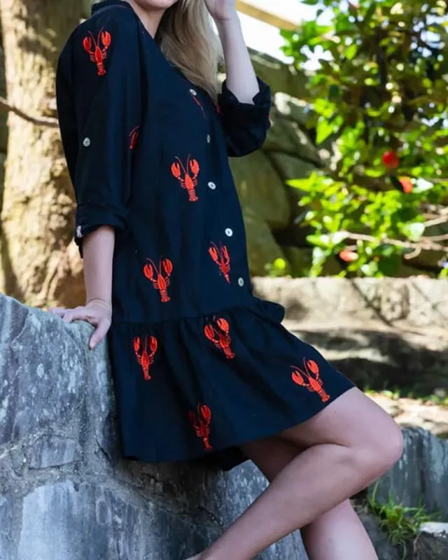 Women Y2k Boho Mini Dress Long Sleeve Lobster Print Button Down Short Dress Summer Embroidered Ruffle Sundress