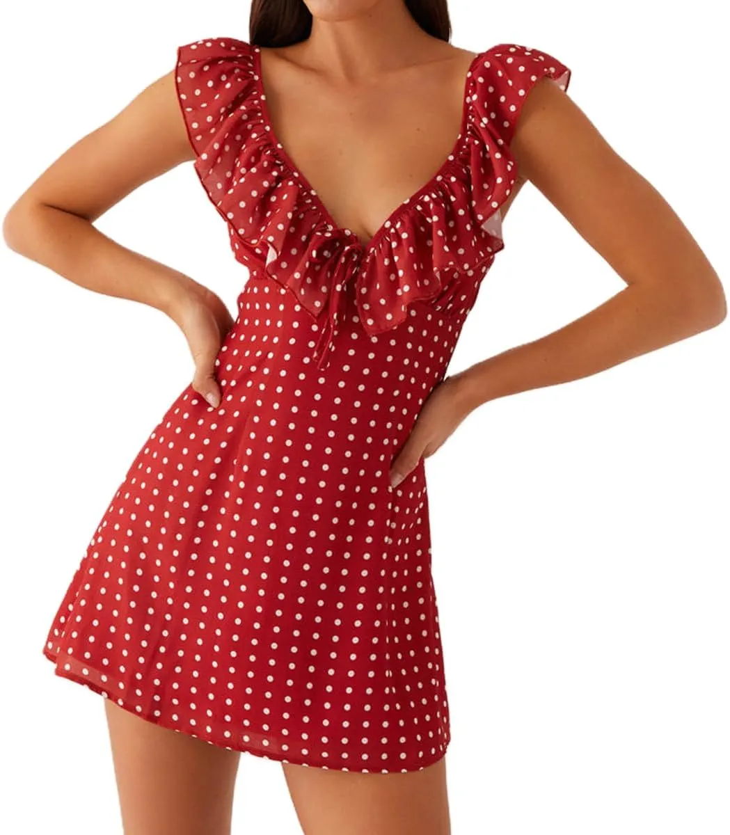 Women Y2K Floral Mini Dress Coquette Sleeveless Backless Ruffle V-Neck Bodycon Short Dress Fairy Party Club Dress