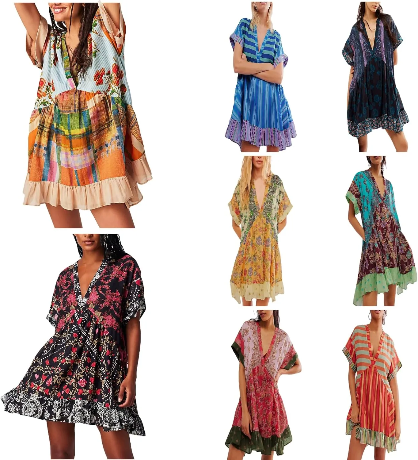 Womens 2024 Boho Mini Dress Y2k Floral Deep V-Neck Puff Sleeve Short Dresses Summer Causal Beach Sundress