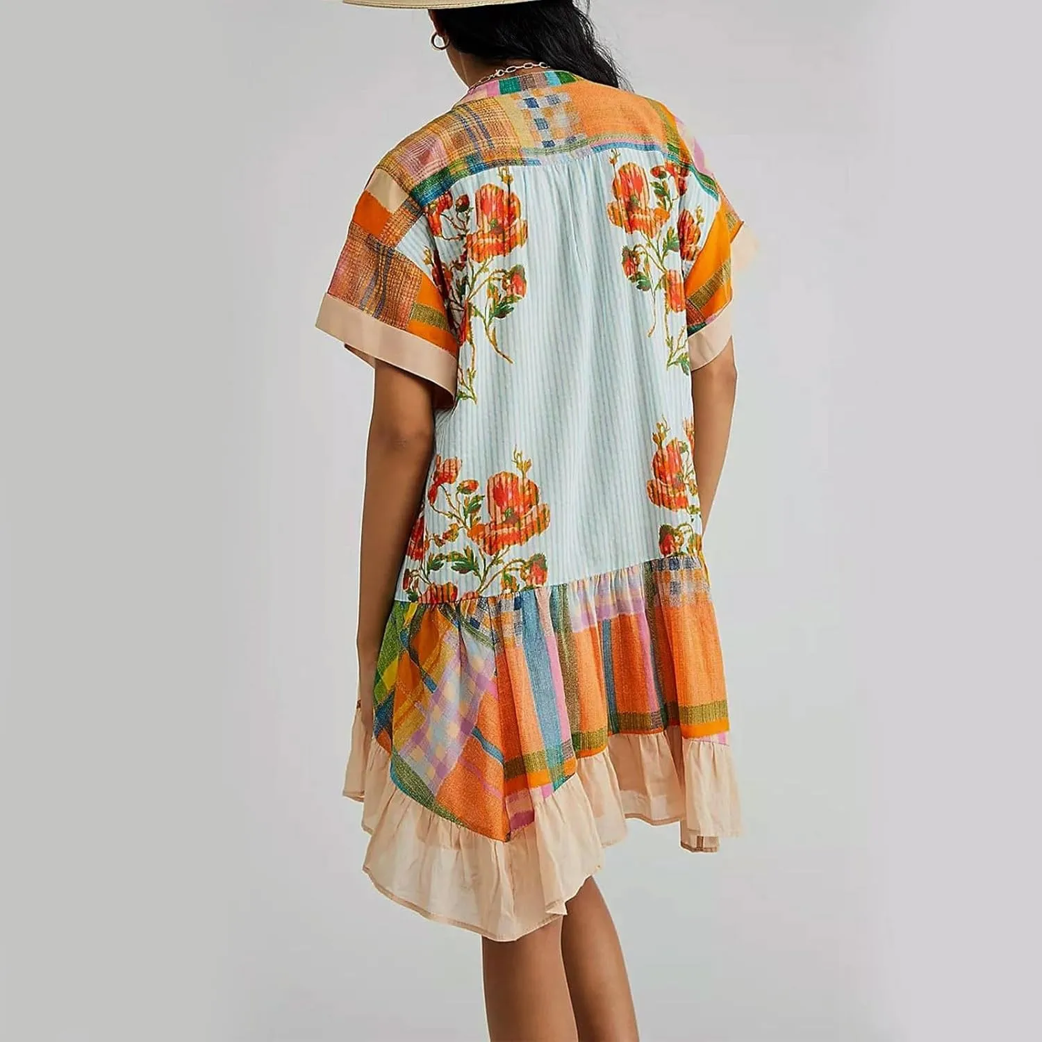 Womens 2024 Boho Mini Dress Y2k Floral Deep V-Neck Puff Sleeve Short Dresses Summer Causal Beach Sundress