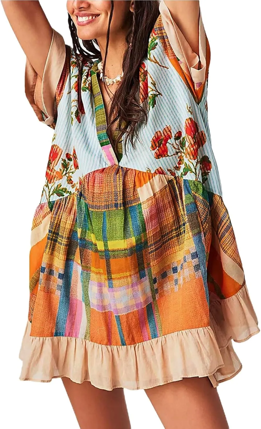Womens 2024 Boho Mini Dress Y2k Floral Deep V-Neck Puff Sleeve Short Dresses Summer Causal Beach Sundress